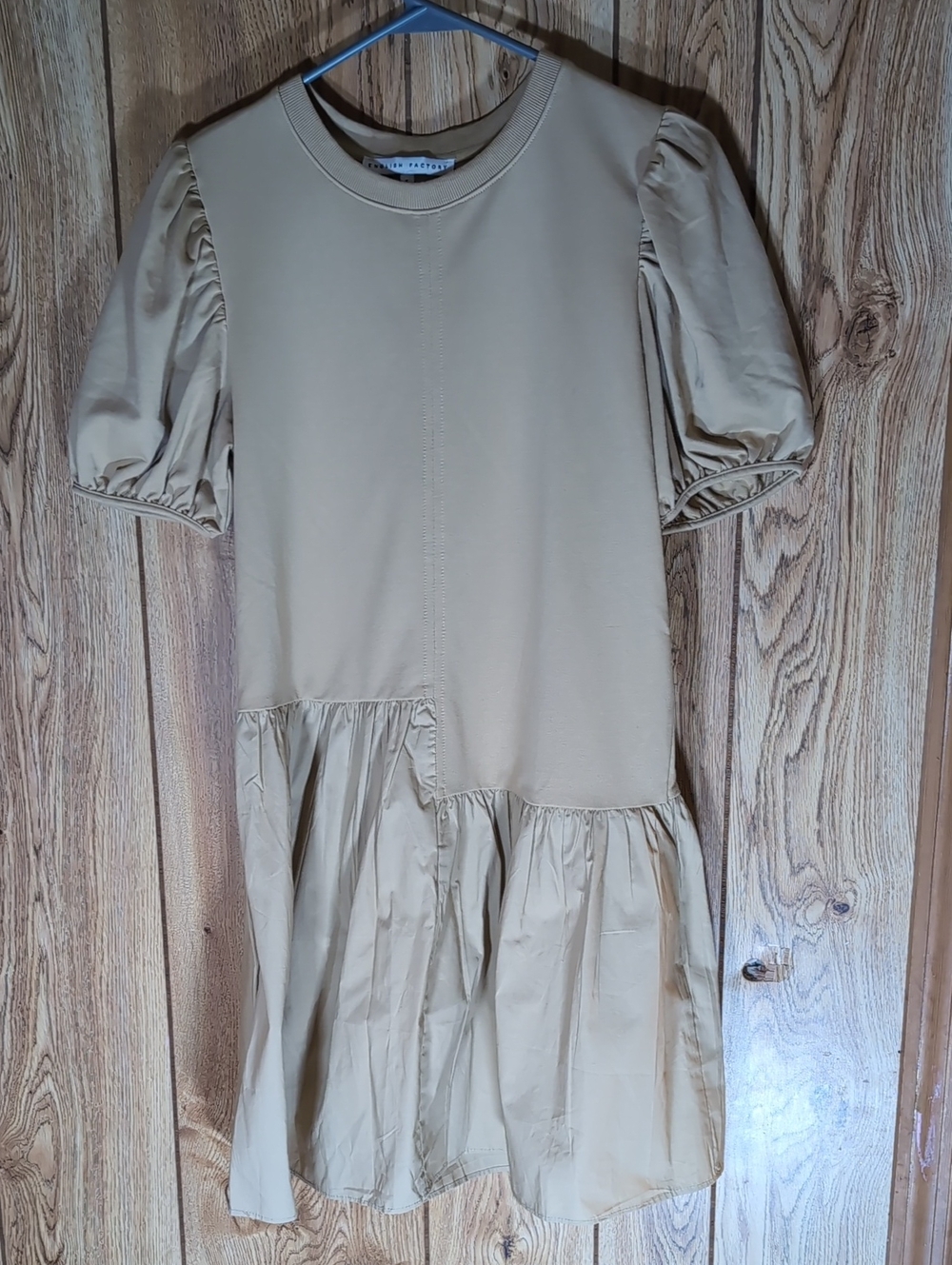 English Factory Beige Puff-Sleeve Tiered Dress